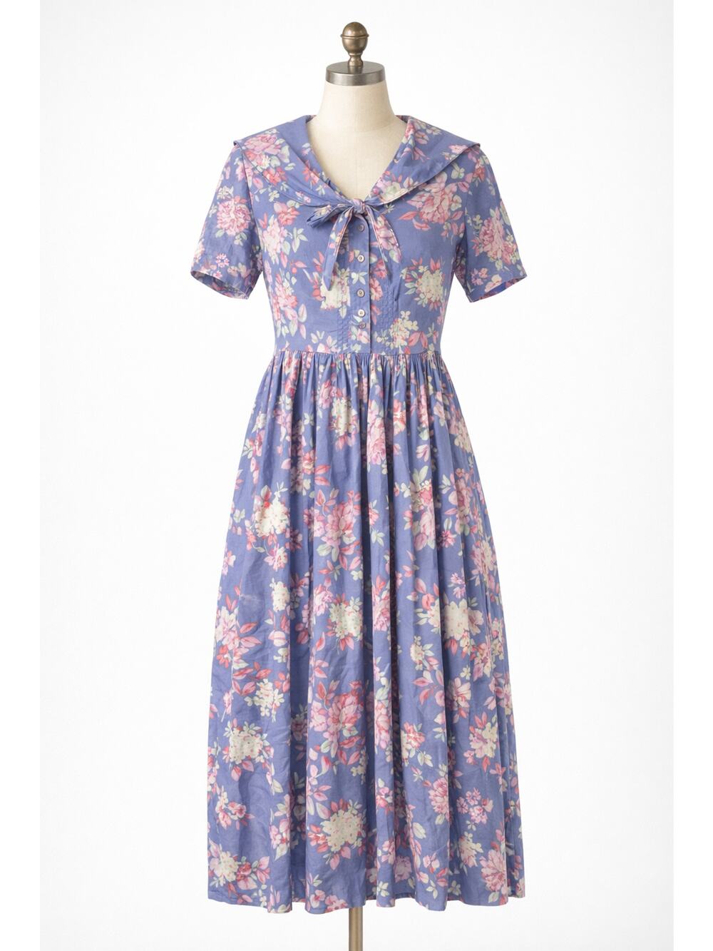 Vintage Laura Ashley Blue Floral Button-Up Dress Tie Collar Cottagecore Praire